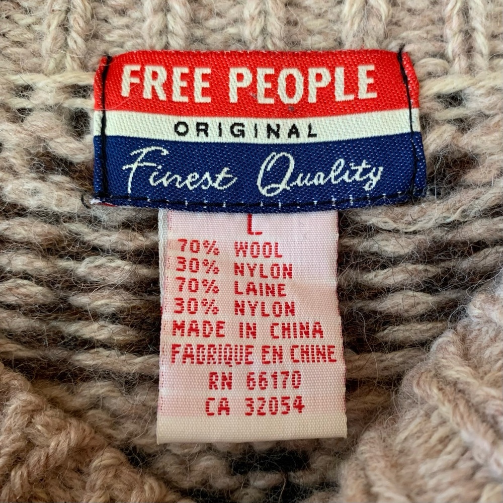 Y2K Free People Tan & Black Wool Blend Fair Isle Yoke Oversized Crewneck Sweater - Picture 8 of 8